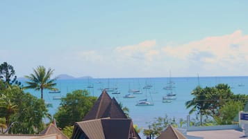 A coastal view with multiple sailboats anchored in the water, surrounded by palm trees and buildings with sloped roofs.