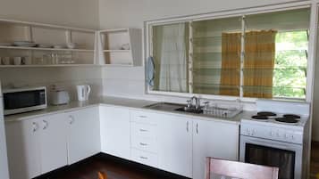 Full-sized fridge, microwave, stovetop, coffee/tea maker