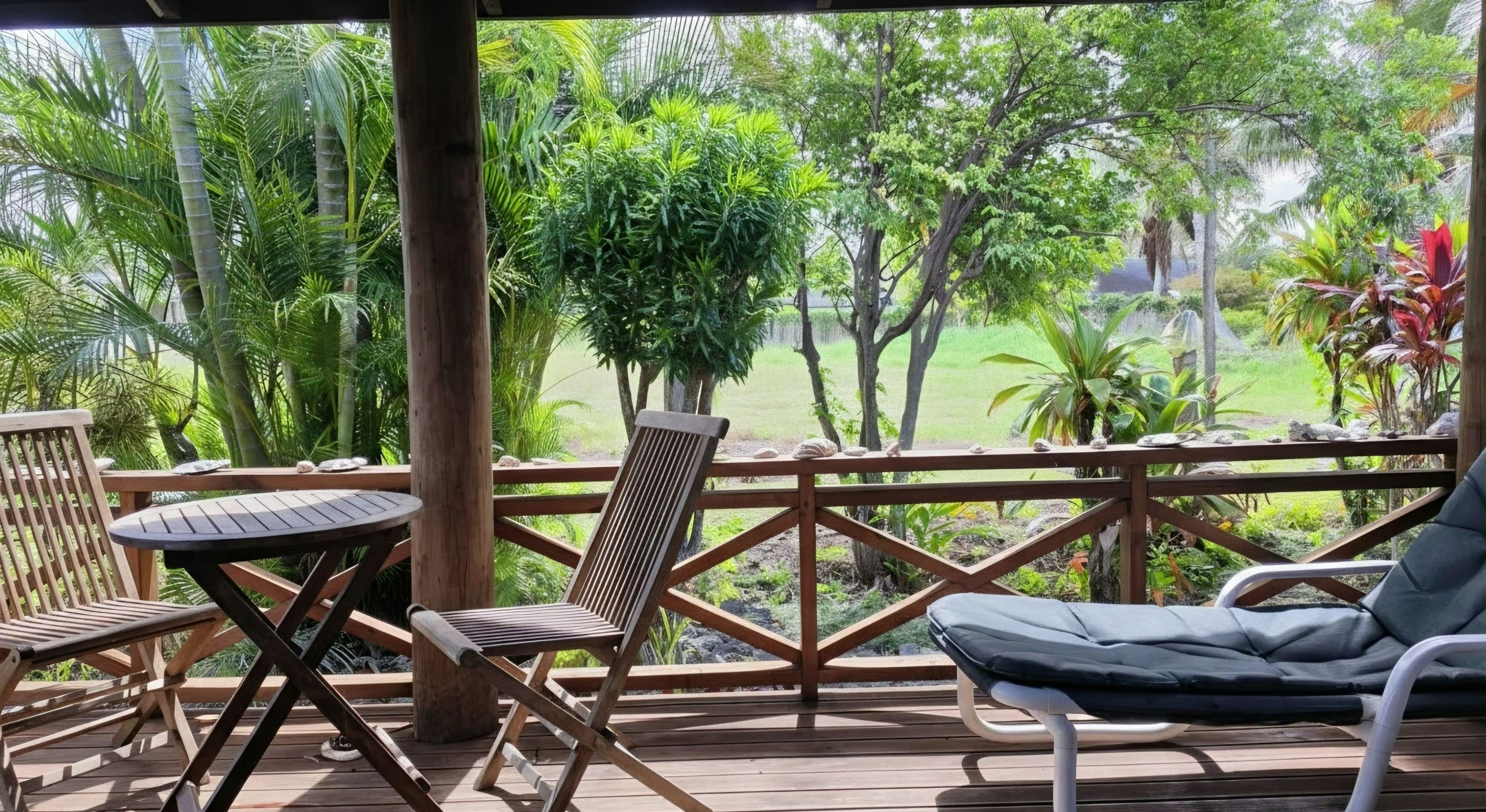 A wooden deck with outdoor furniture, including a table and chairs, overlooking a lush garden with various plants and trees.