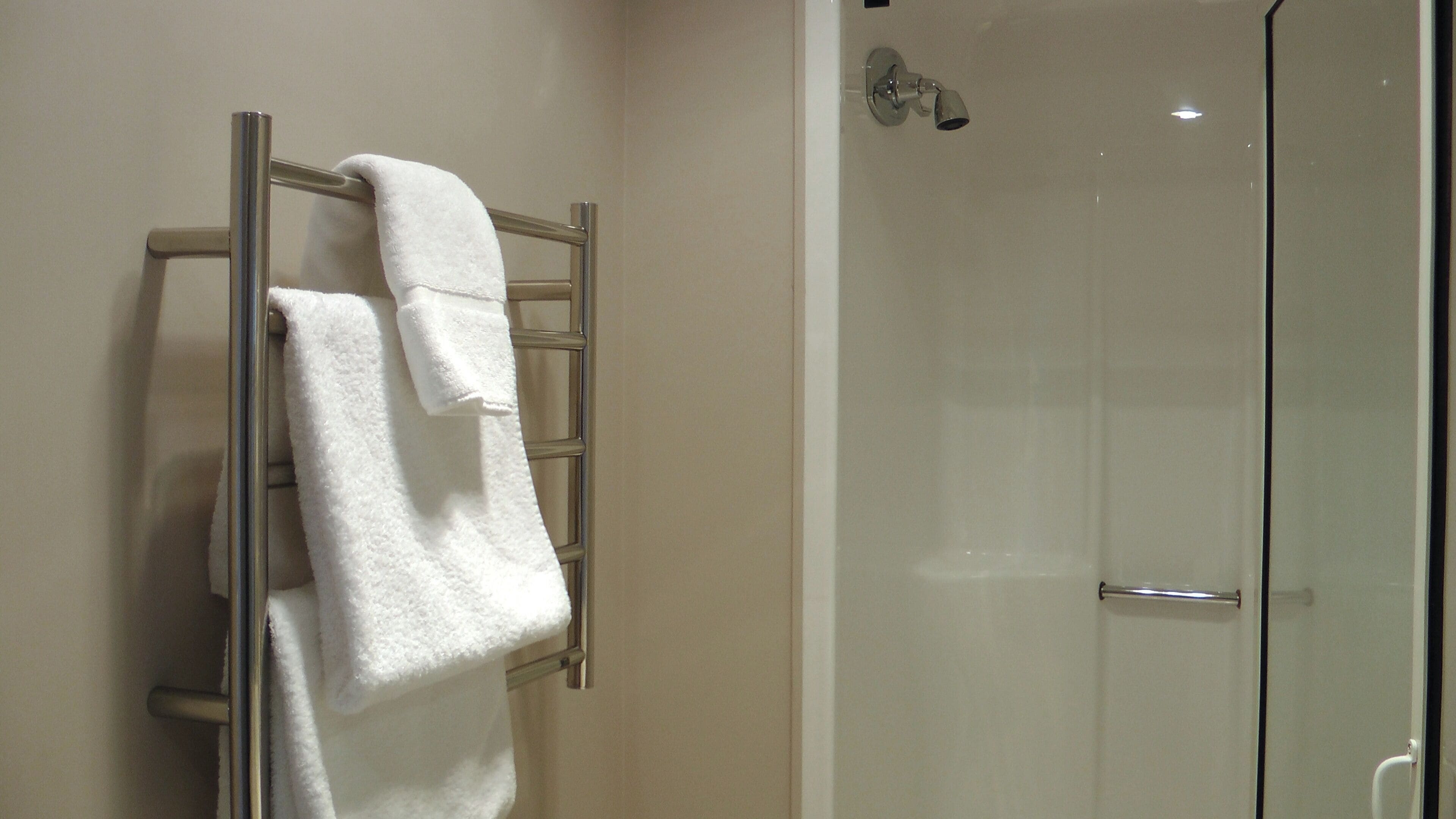 A bathroom with a glass shower enclosure and a towel rack with two white towels.