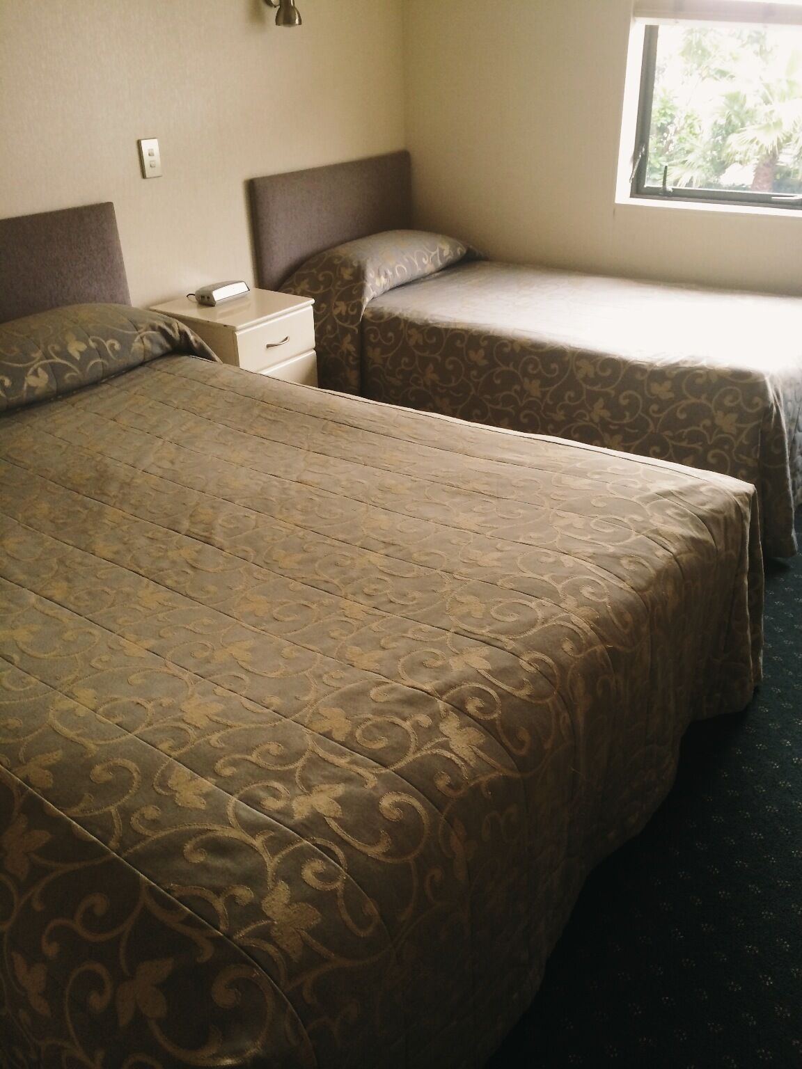 A hotel room with a large bed, two single beds, a nightstand, a lamp, and a window with a view of trees.