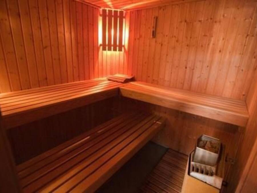 A wooden sauna with benches and a small heater.