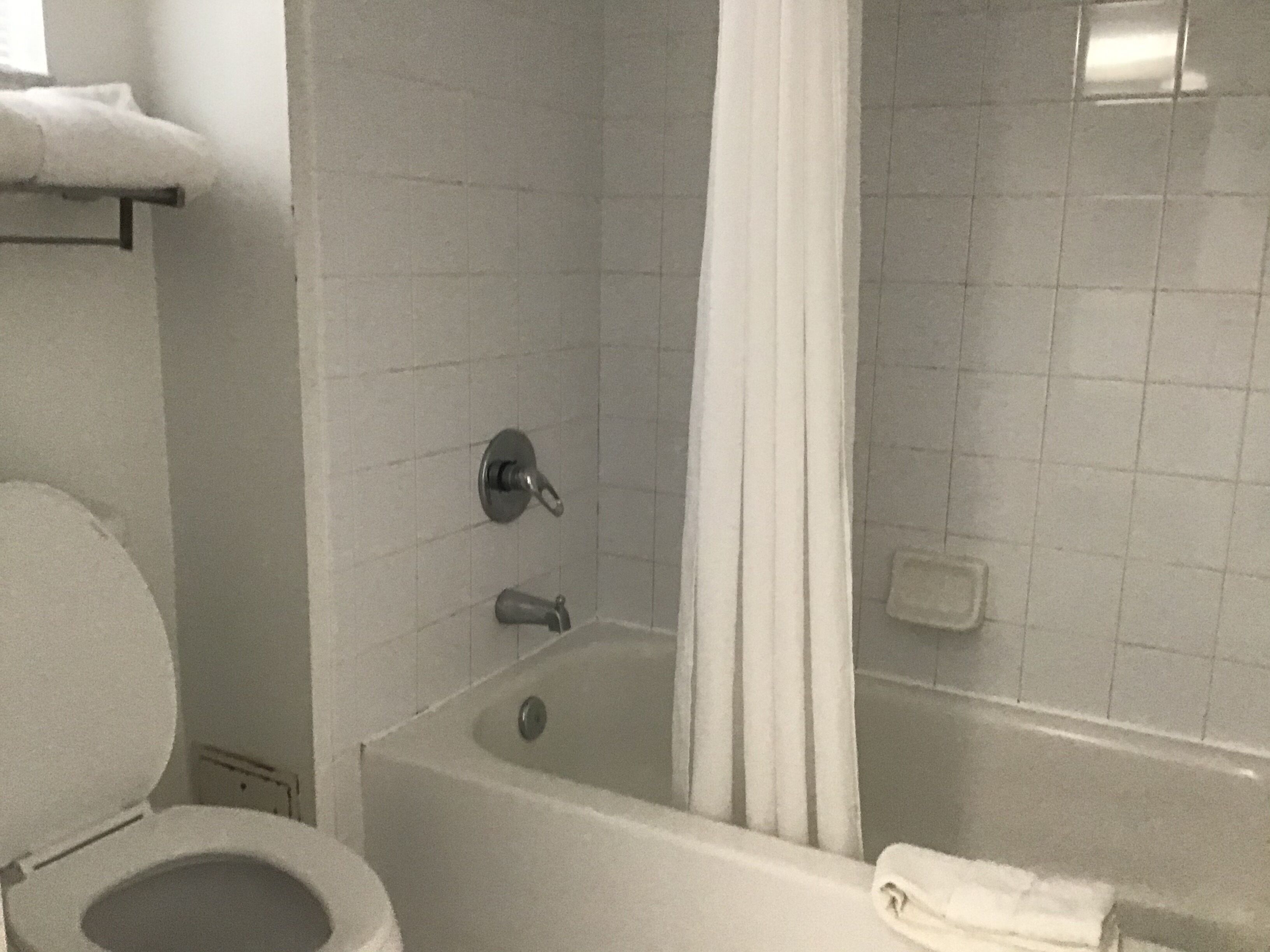 A bathroom with a toilet, bathtub, and a shower curtain.