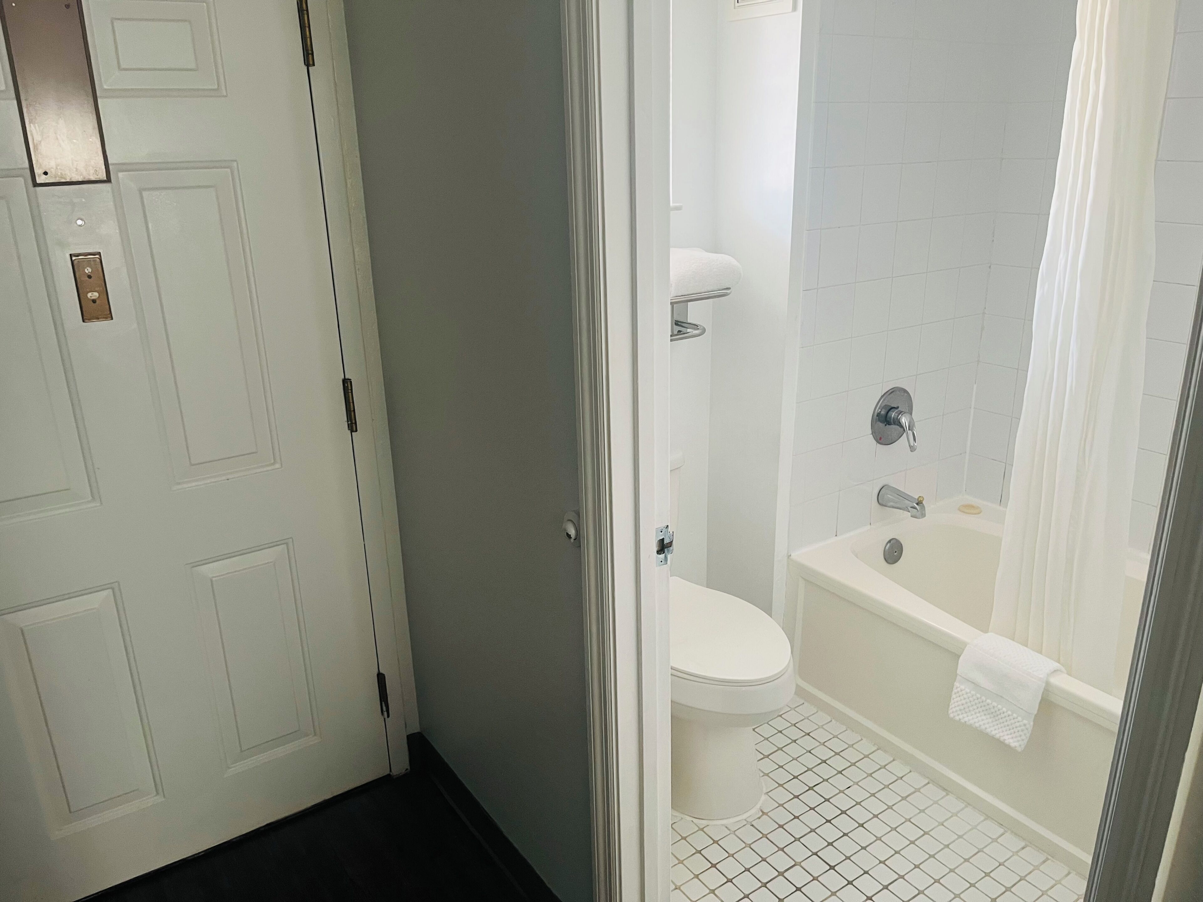 A bathroom with a toilet, a bathtub, and a shower.