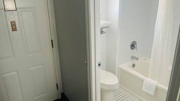 A bathroom with a toilet, a bathtub, and a shower.