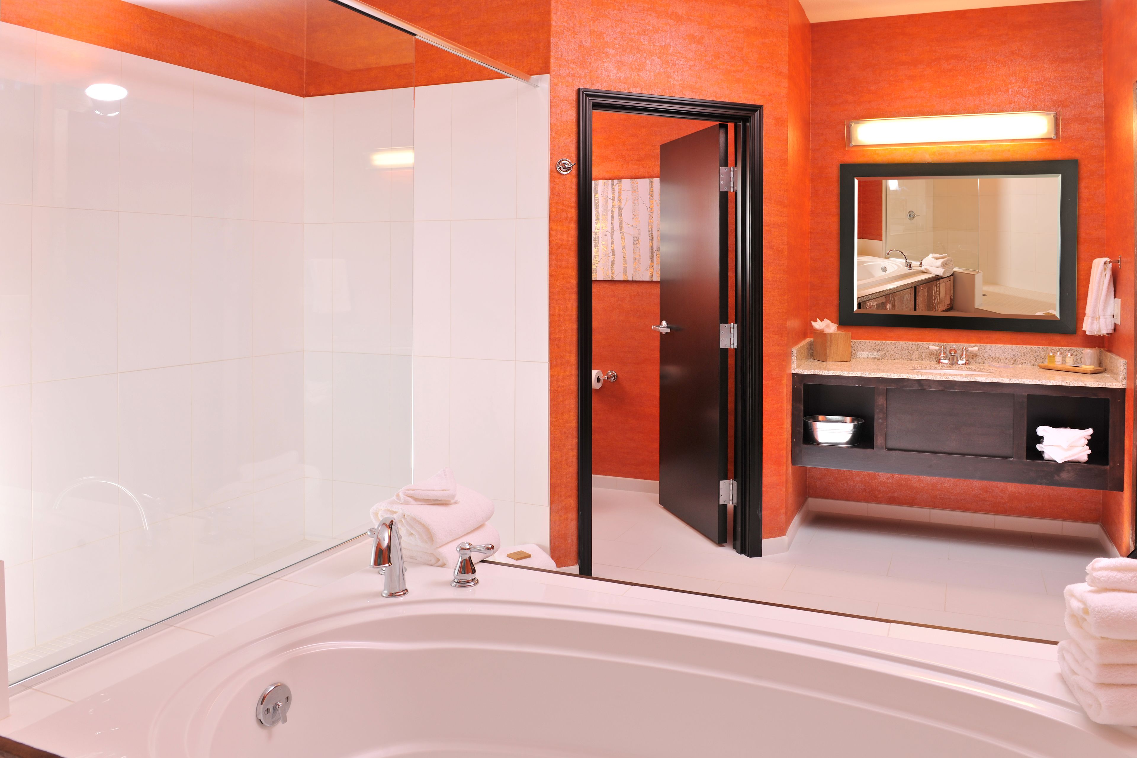 Une salle de bain moderne dotée d’une grande baignoire, d’une douche à l’italienne et d’un meuble-lavabo avec un miroir.