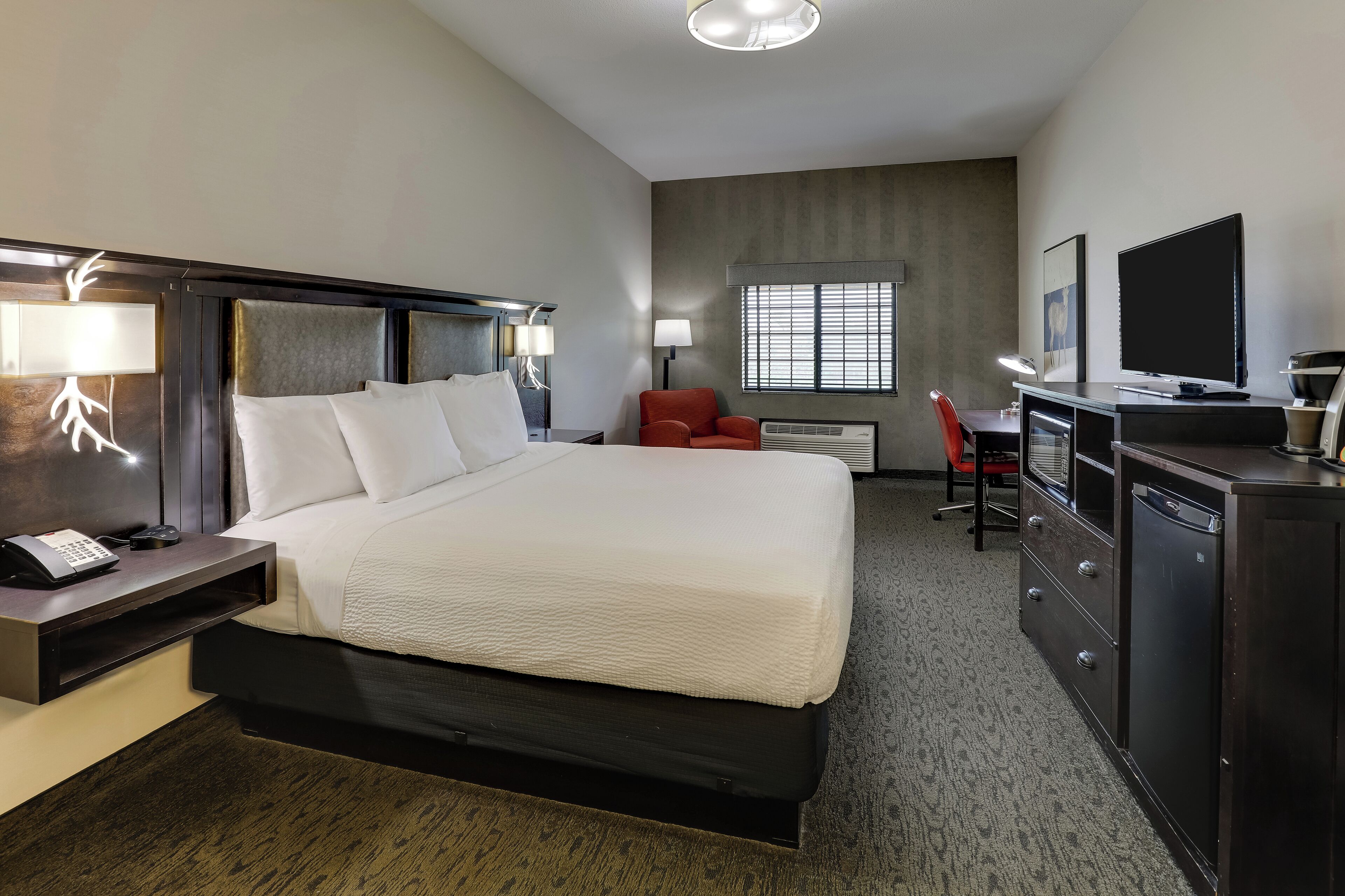 Habitación de hotel con cama, mesita de noche con teléfono, escritorio con computadora, televisor y una silla.