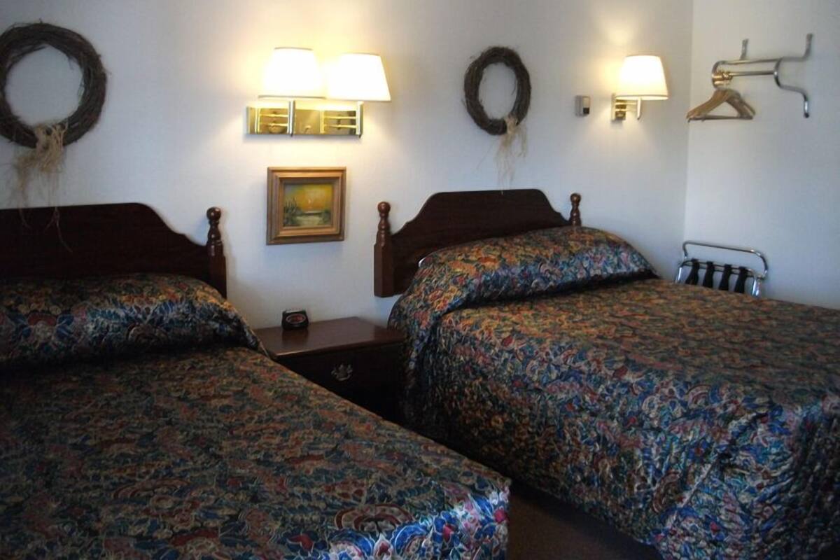 A hotel room with two beds, each with a patterned bedspread, a nightstand with a lamp, a framed picture on the wall, and a coat rack.