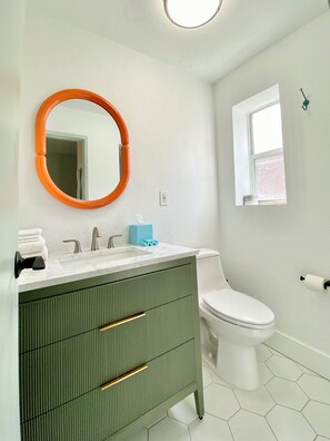 Hair dryer, bathrobes, towels, soap