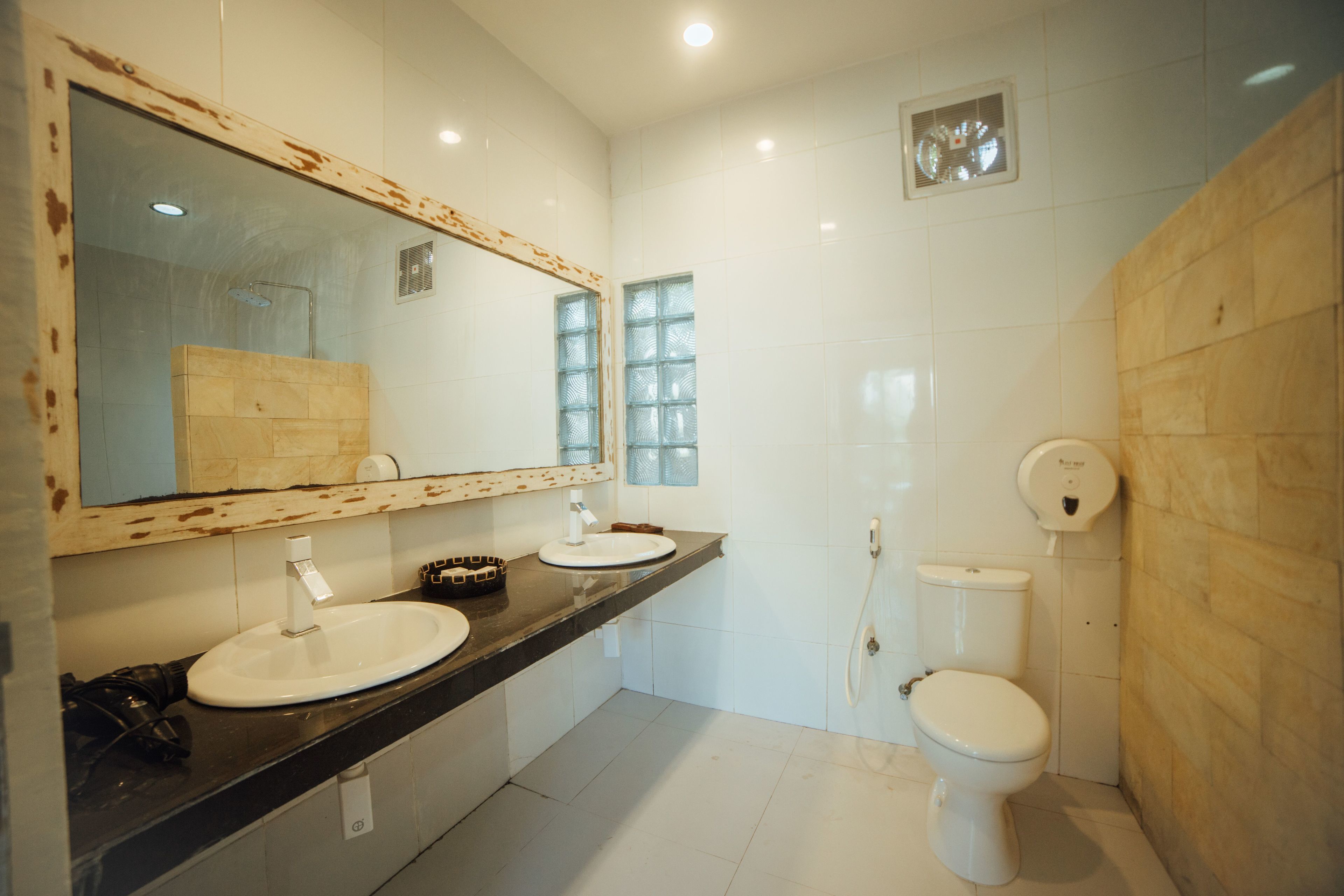 A modern bathroom with two sinks, a toilet, and a large mirror.