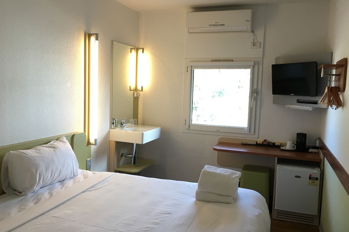 Une chambre d’hôtel avec un lit, un lavabo, un miroir, une télévision et une fenêtre.