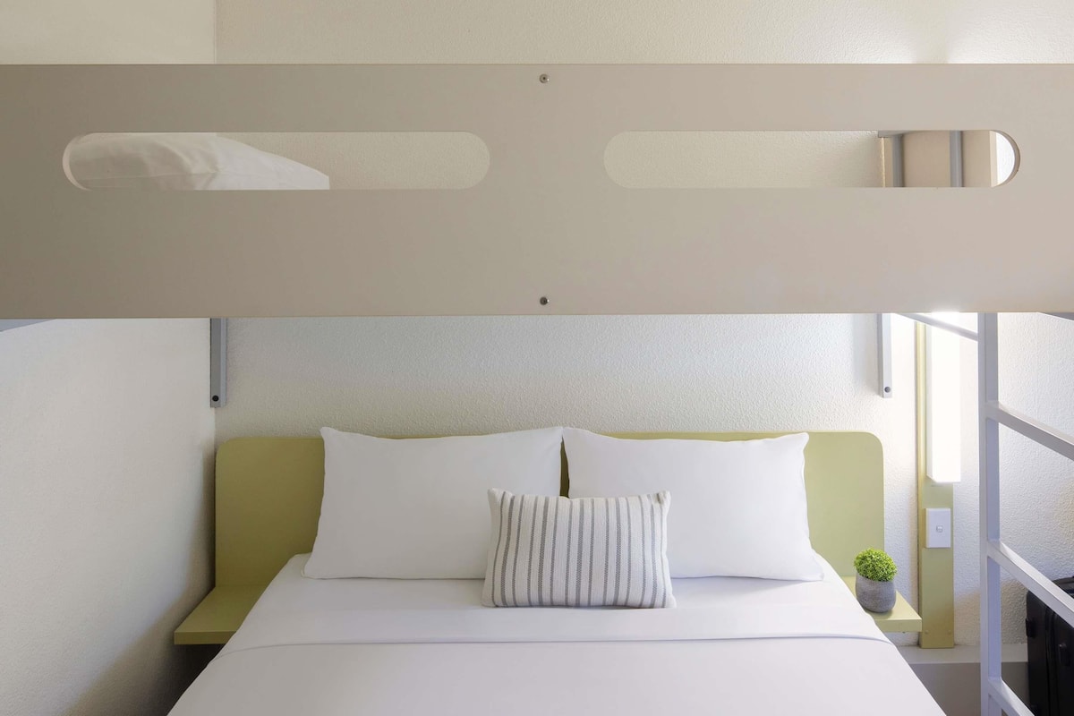A modern bedroom with a bunk bed, a small bedside table, a potted plant, and a window providing natural light.