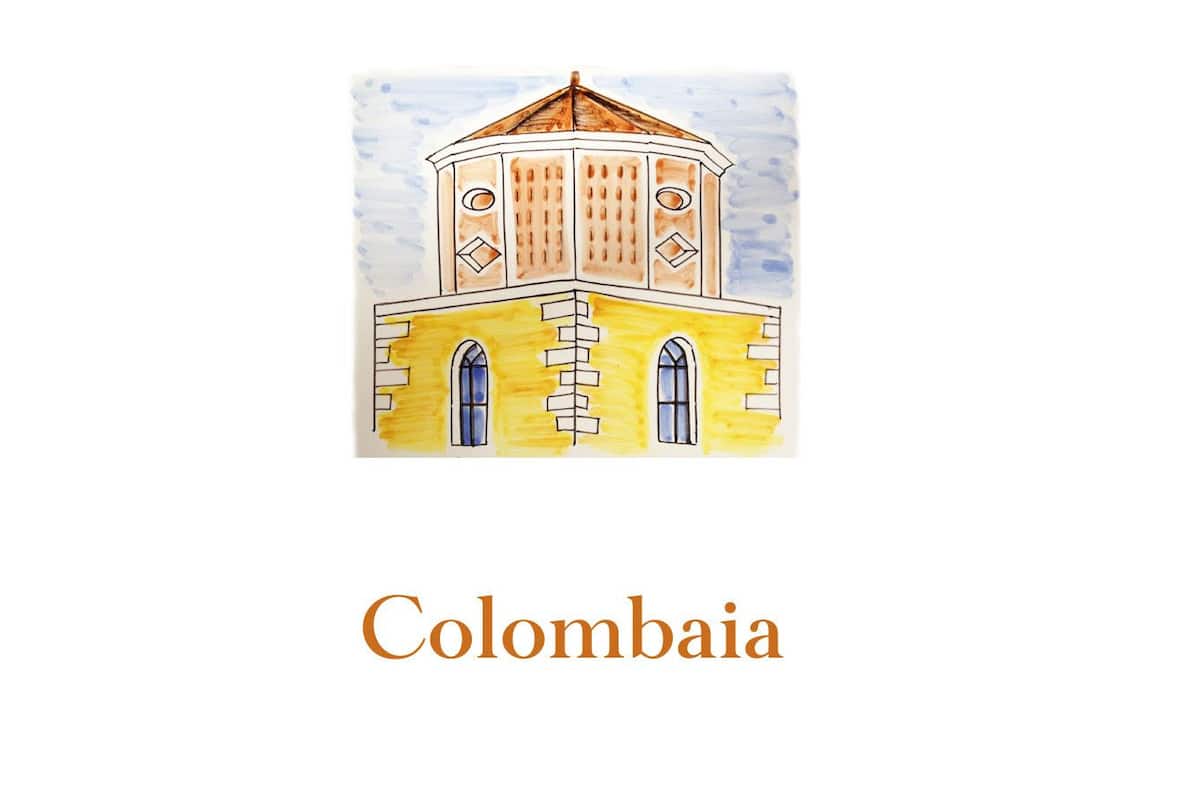 Une illustration à l’aquarelle représentant un bâtiment doté d’un dôme central et de fenêtres en arc de cercle, avec la mention « Colombie ».
