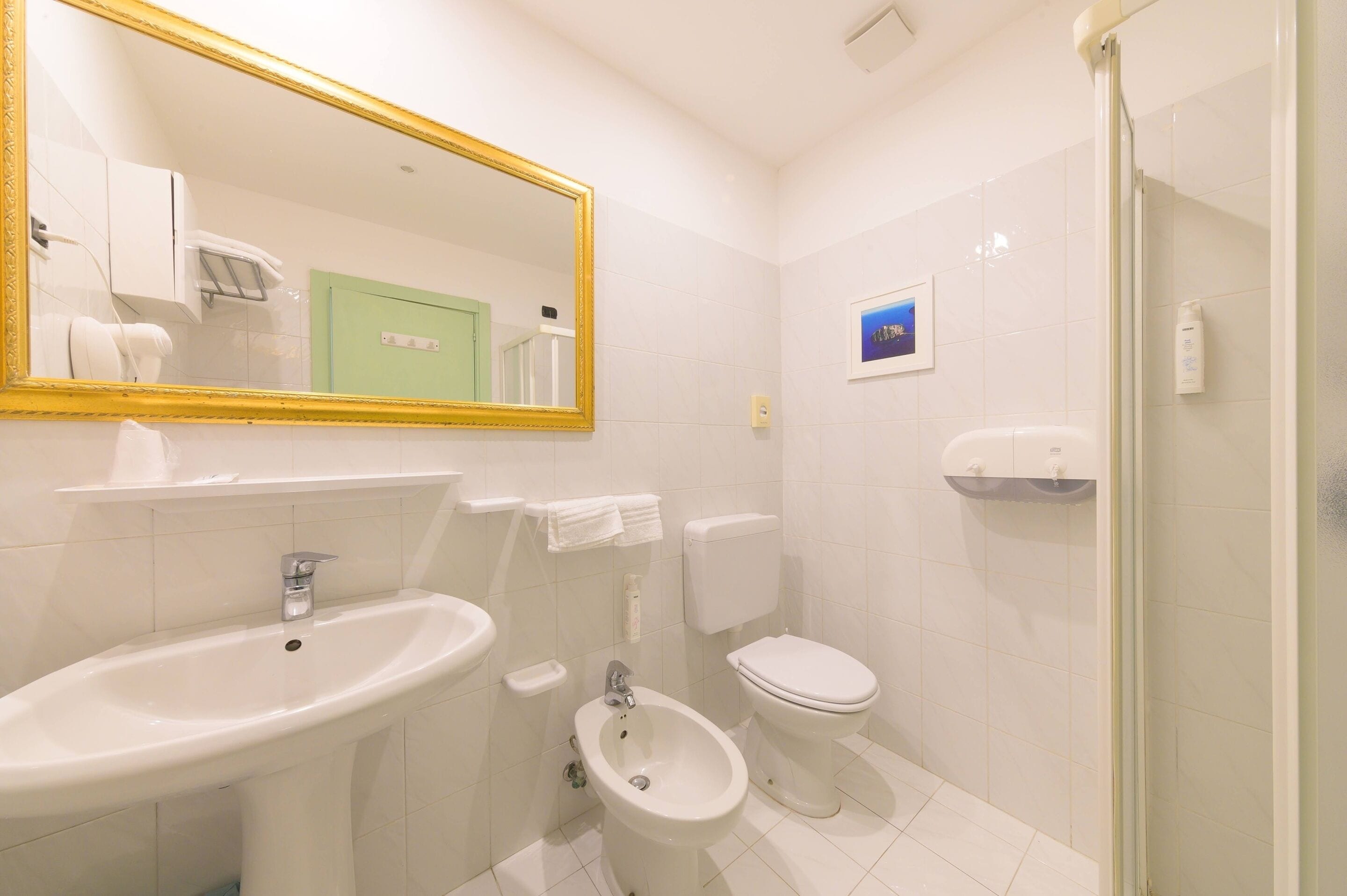 A bathroom with a sink, bidet, toilet, and a shower.