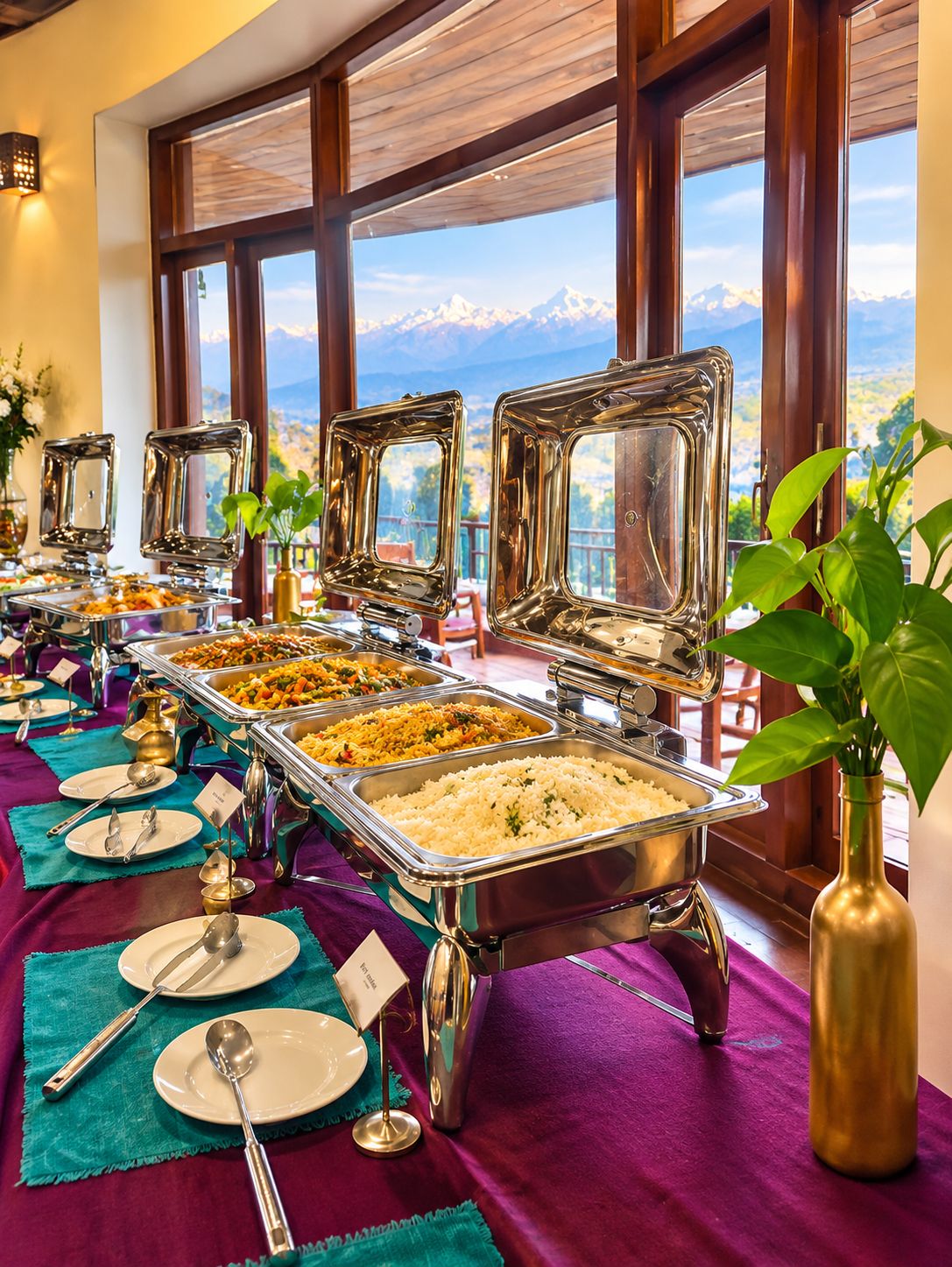 A buffet setup with multiple food stations, a view of mountains through large windows, and a purple tablecloth.