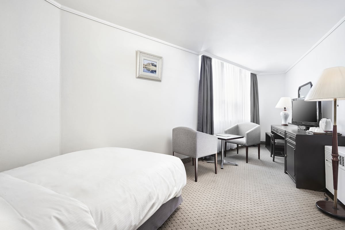 A hotel room with a bed, a desk, a chair, a television, and a lamp.