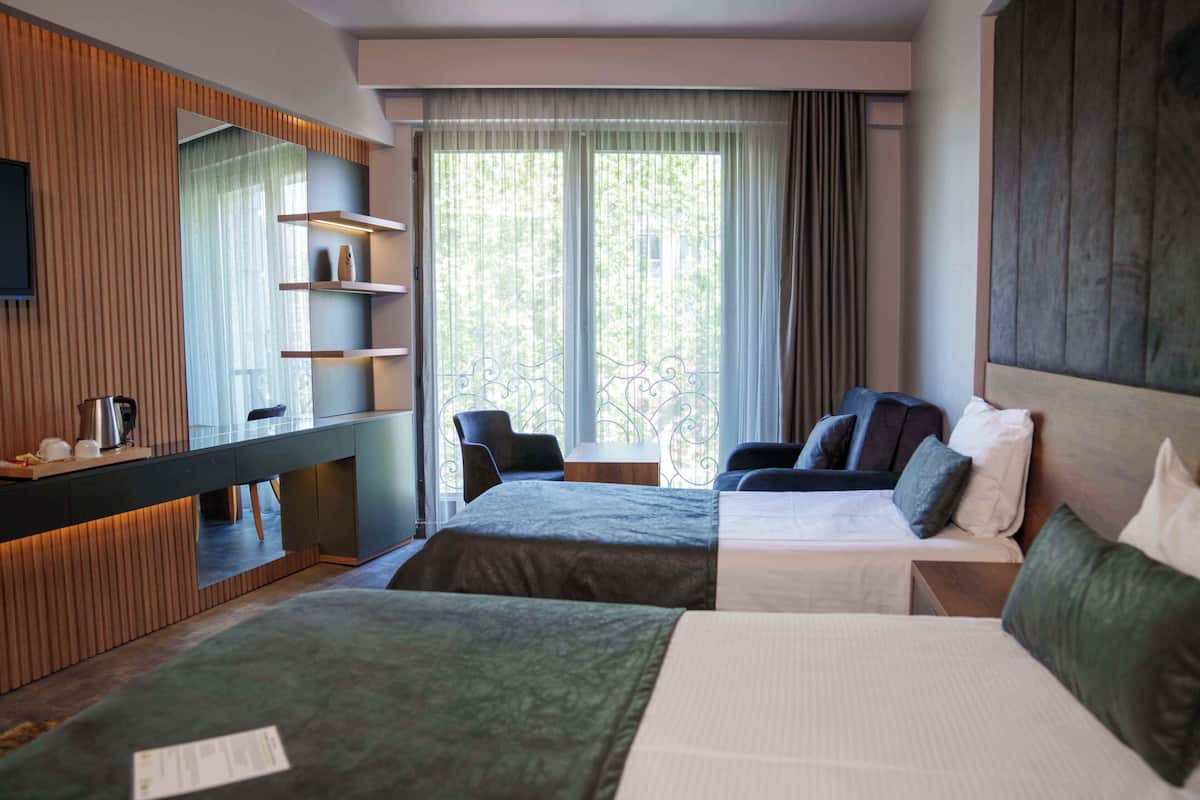 Hotelkamer met twee bedden, een bureau met stoel, een televisie en een balkon met uitzicht op bomen.