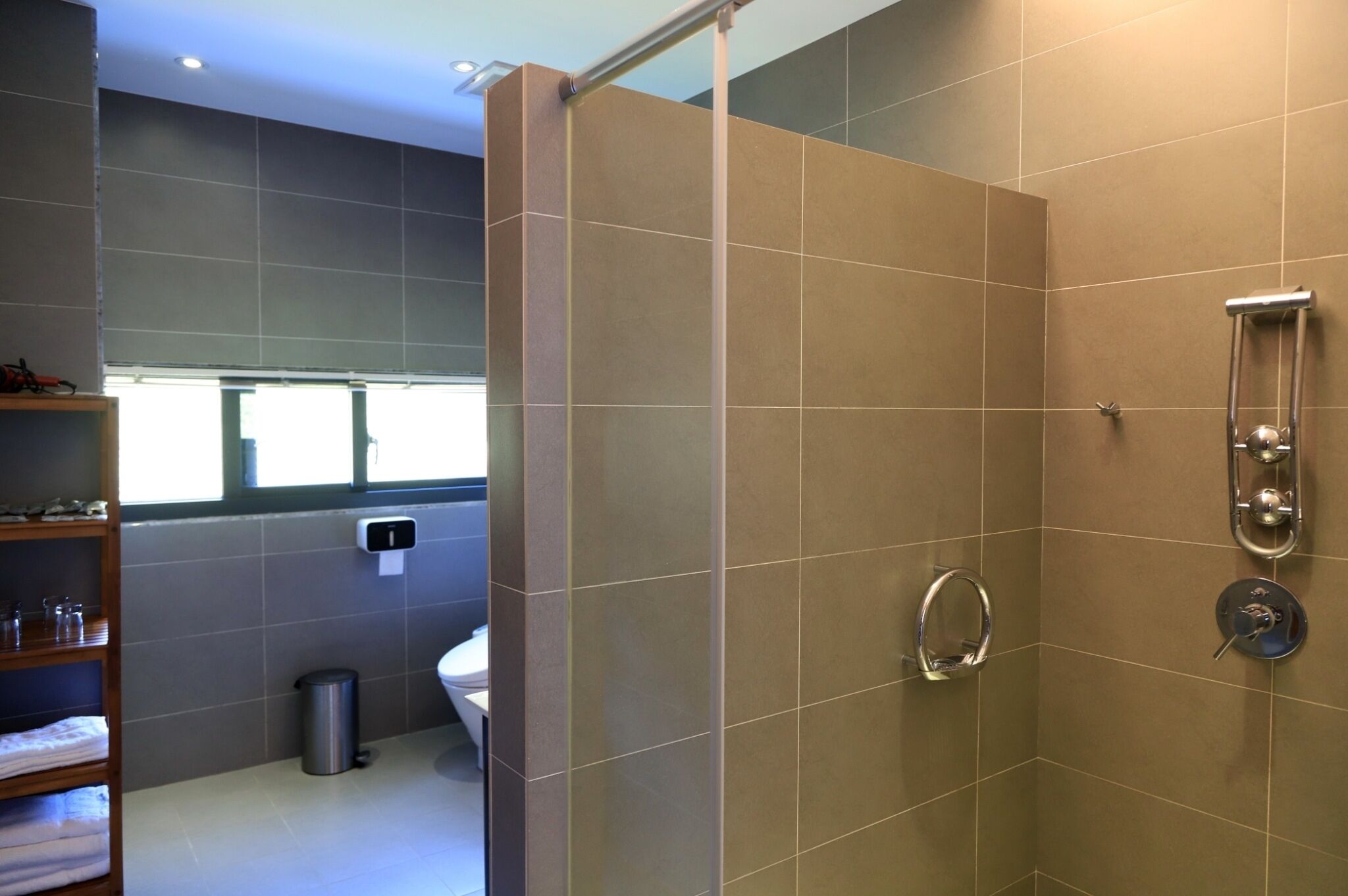 A modern bathroom with a shower, toilet, and a shelf with toiletries.