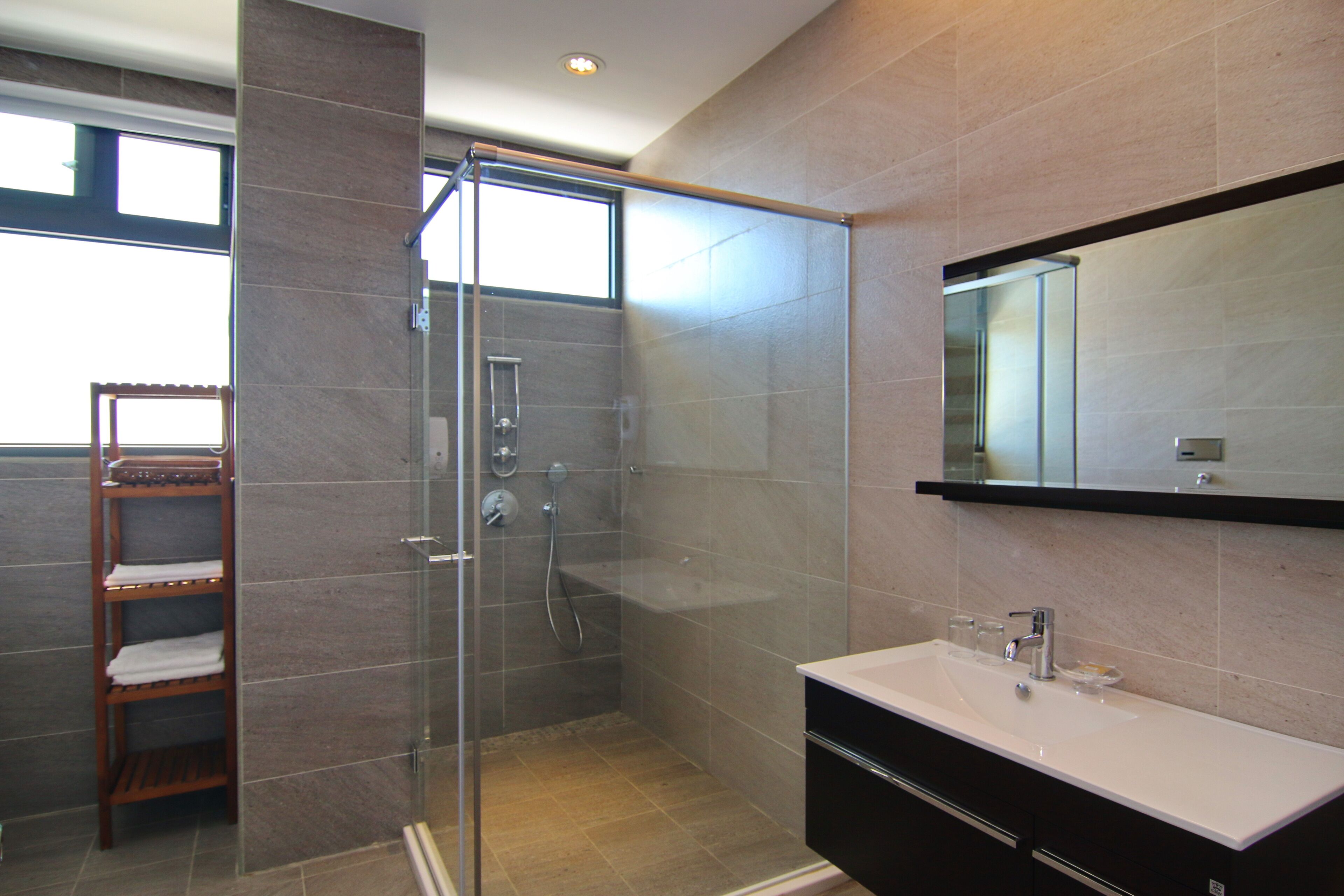 A modern bathroom with a glass-enclosed shower, a vanity with a mirror, and a towel rack.