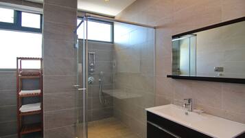A modern bathroom with a glass-enclosed shower, a vanity with a mirror, and a towel rack.