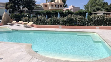 Seasonal outdoor pool, pool umbrellas, sun loungers