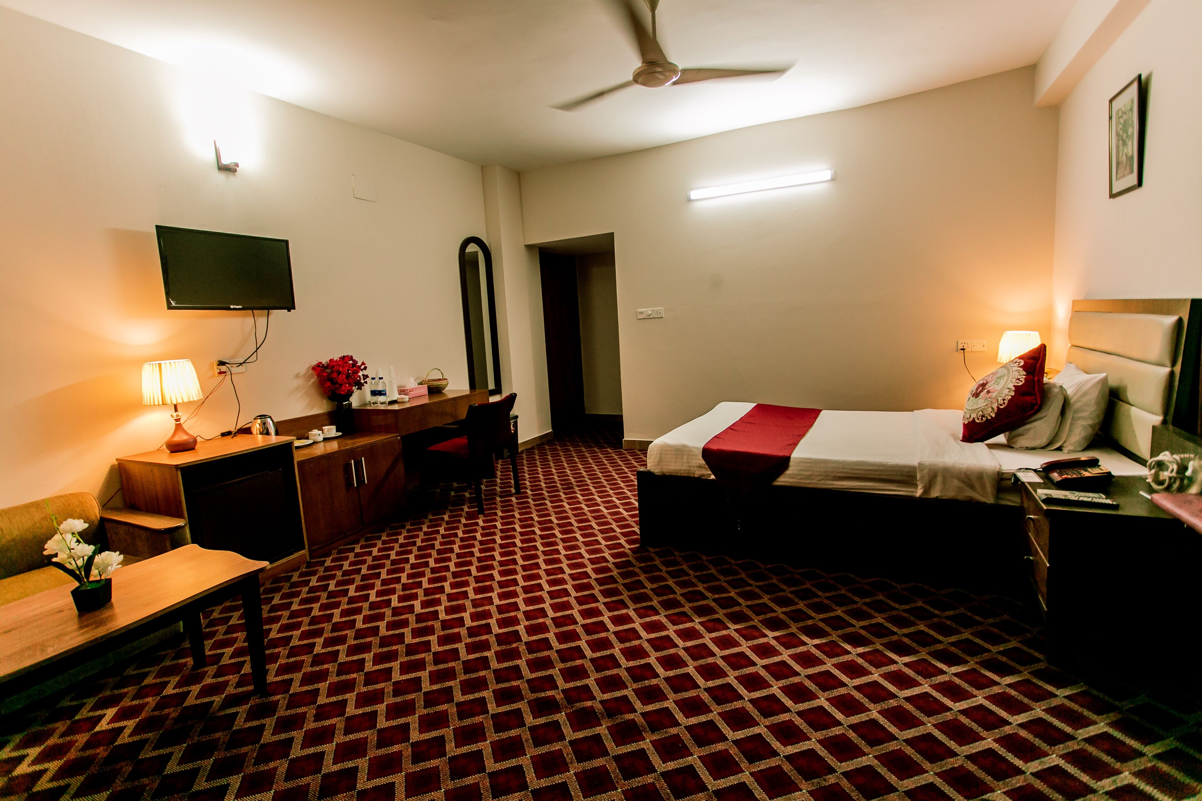 Habitación de hotel con cama, escritorio, silla, televisor y alfombra estampada.