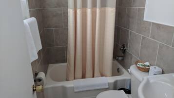 Combined shower/tub, free toiletries, hair dryer, towels