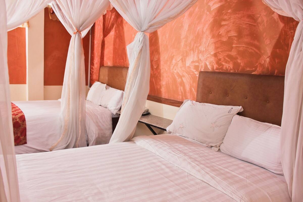 A room with two beds, each with white bedding and a canopy.