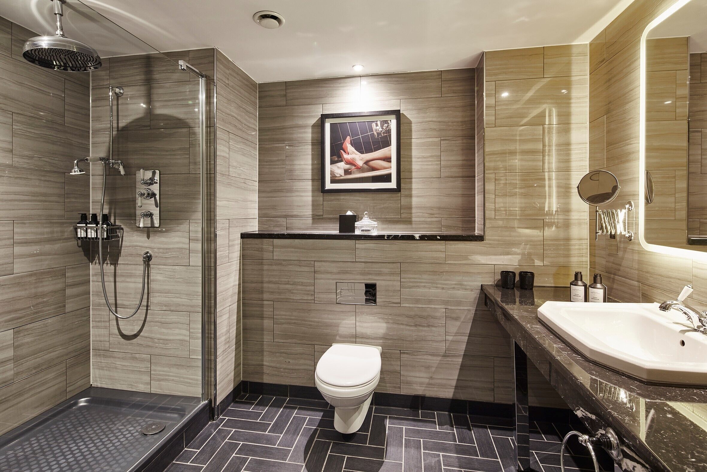 Shower, rainfall showerhead, designer toiletries, hair dryer