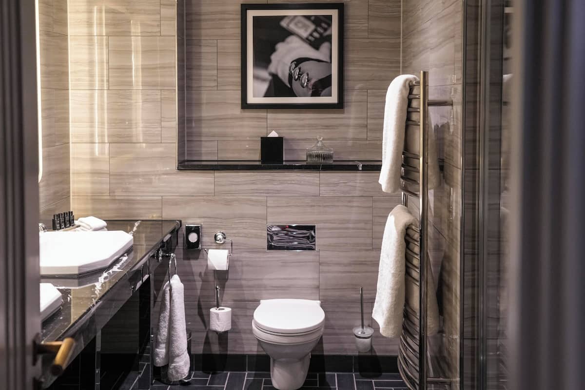 shower, rainfall showerhead, designer toiletries, hair dryer