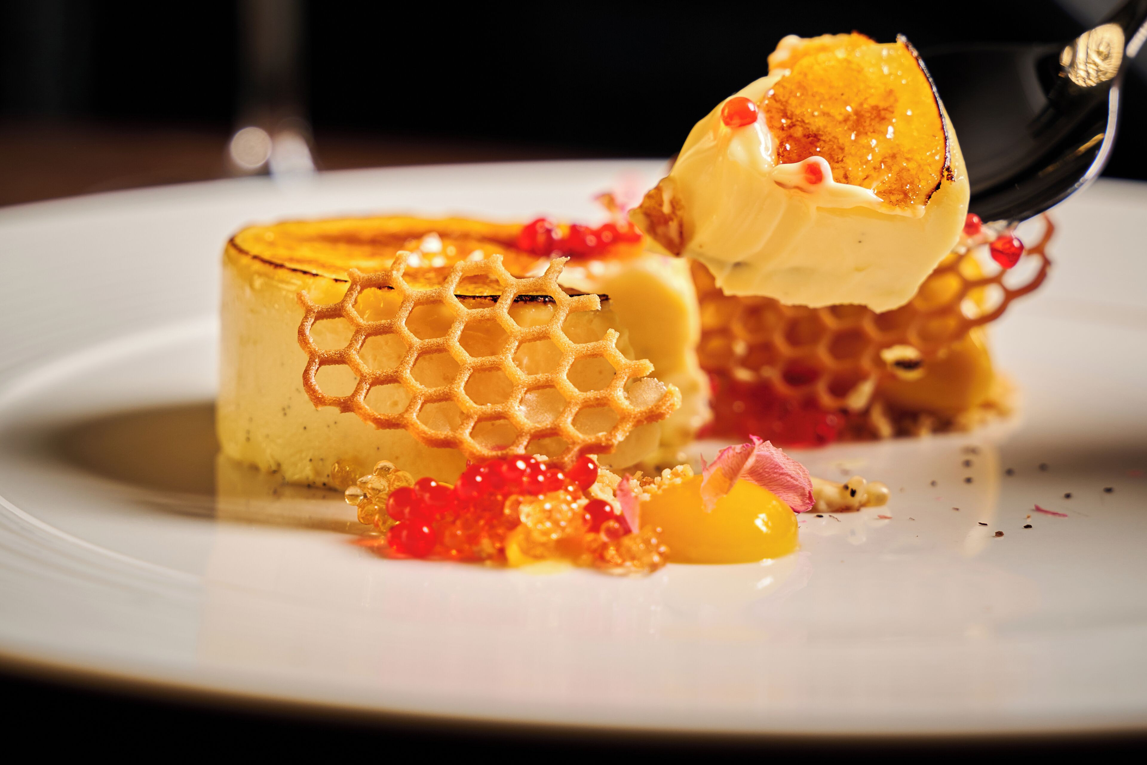 A dessert with honeycomb and red caviar on a white plate.