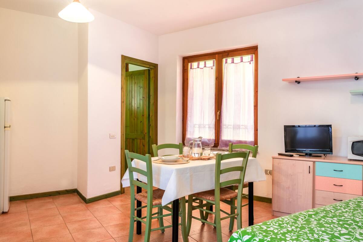 Un coin repas avec une table dressée pour quatre personnes, des chaises vertes, un téléviseur et un meuble.