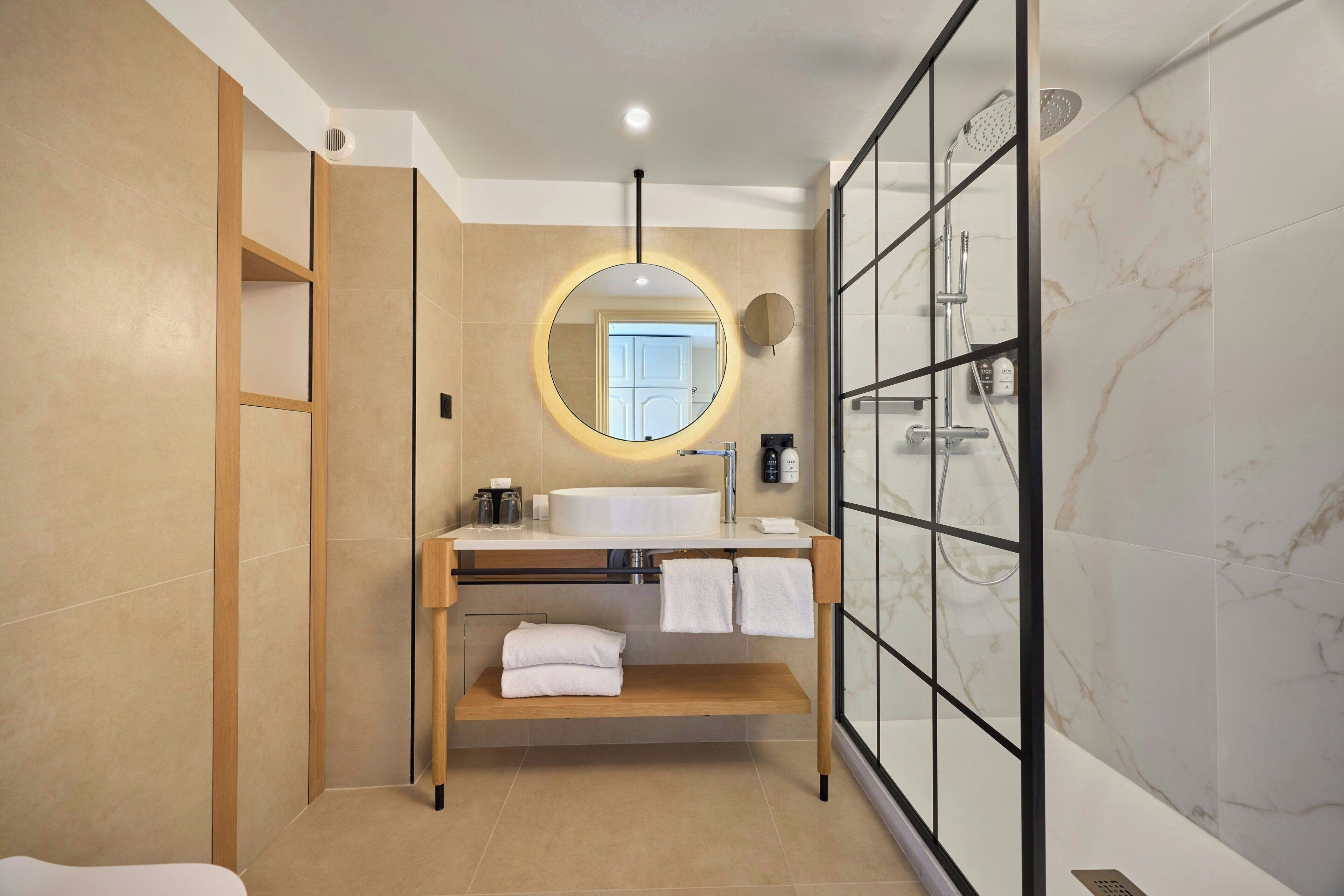 hair dryer, bidet, towels