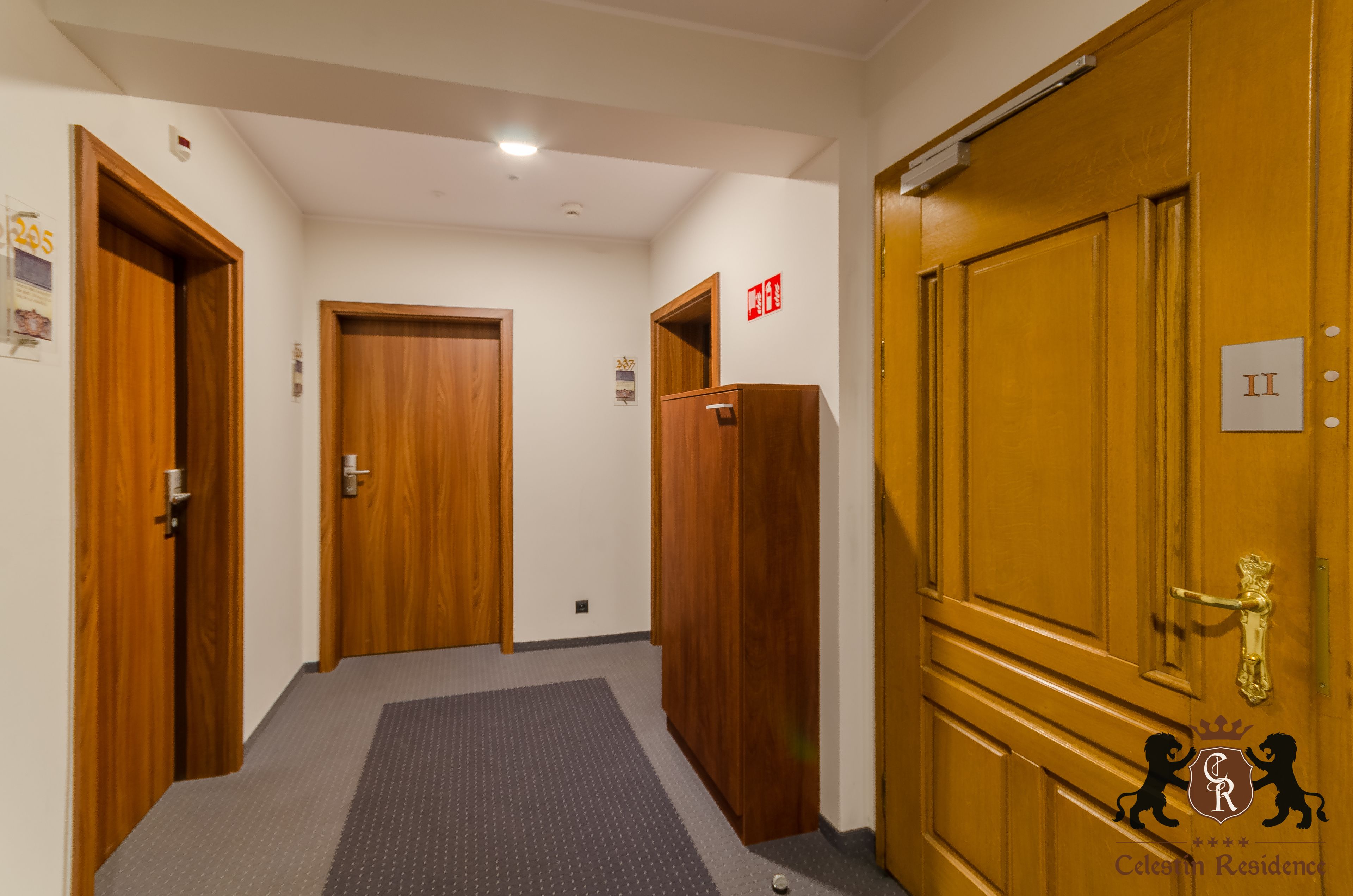 Un pasillo con puertas de madera, piso alfombrado y un cartel que indica el número II.
