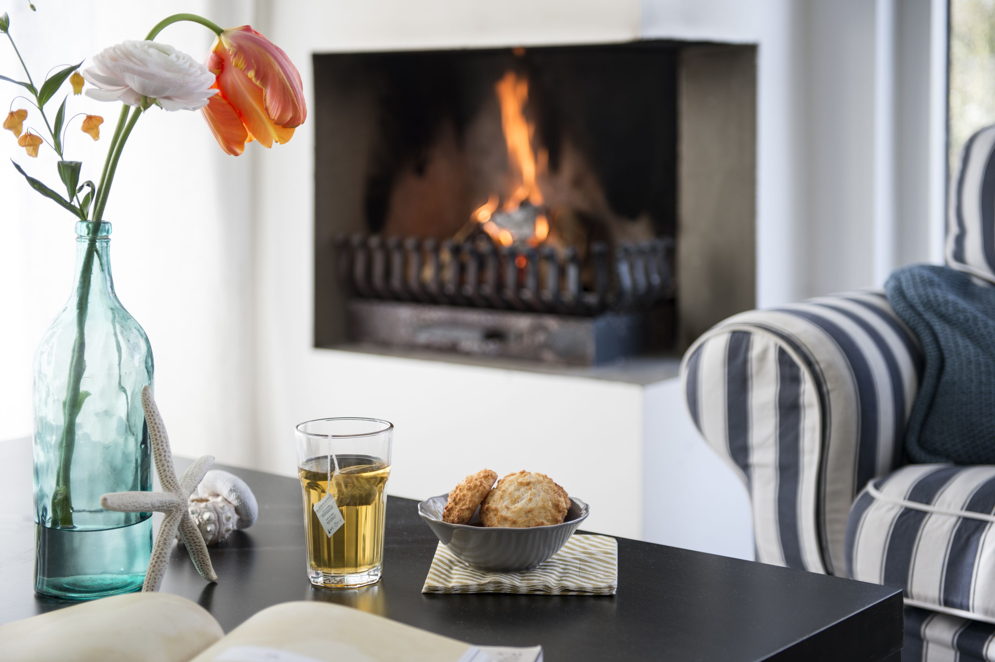 Una sala de estar con chimenea, un sofá a rayas, una mesa de vidrio con un tazón de galletas, un florero con flores y una decoración con estrella de mar.