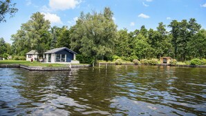 A lakeside property with a house and a small dock.