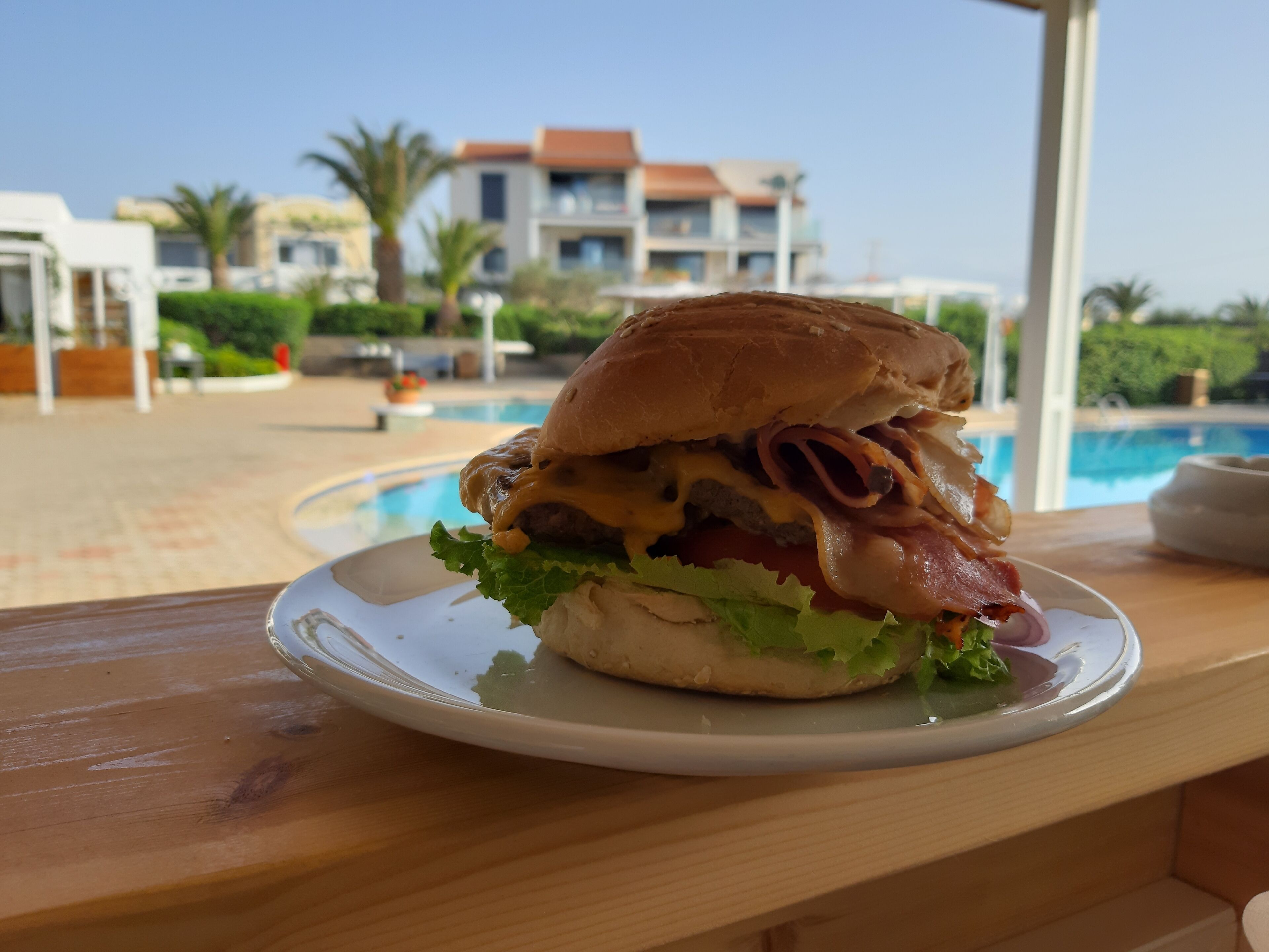 A sandwich on a plate with a pool and buildings in the background.