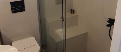 A small bathroom with a toilet, a sink, and a glass-enclosed shower area.