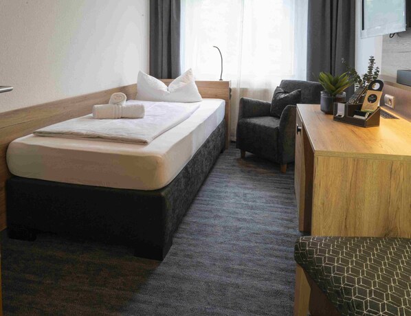 A hotel room with a bed, a chair, a desk, a plant, and a TV. - Hotel zum Steinhof (Bad Blankenburg)
