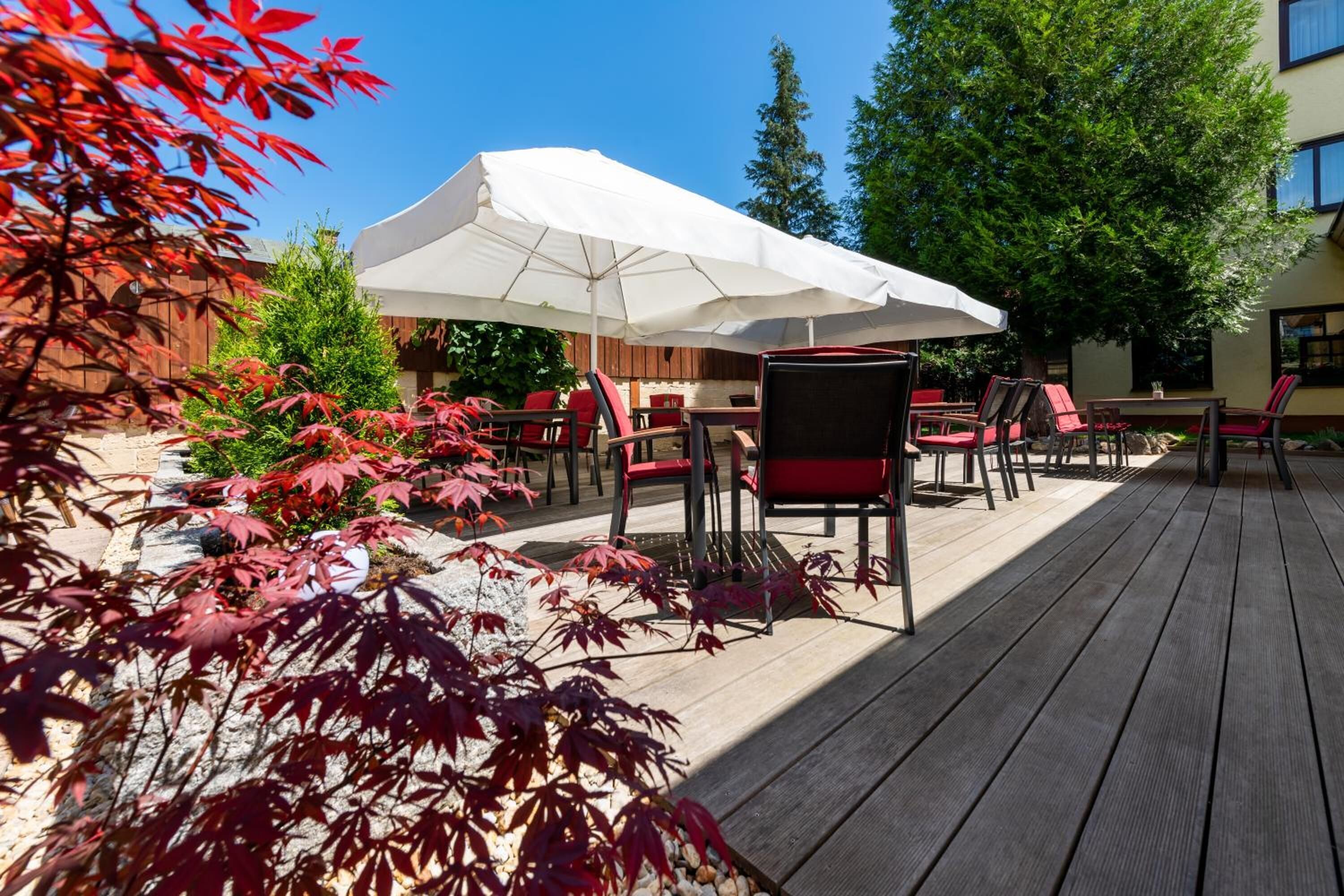 Een terras buiten met houten vloer, rode stoelen en een grote witte parasol.