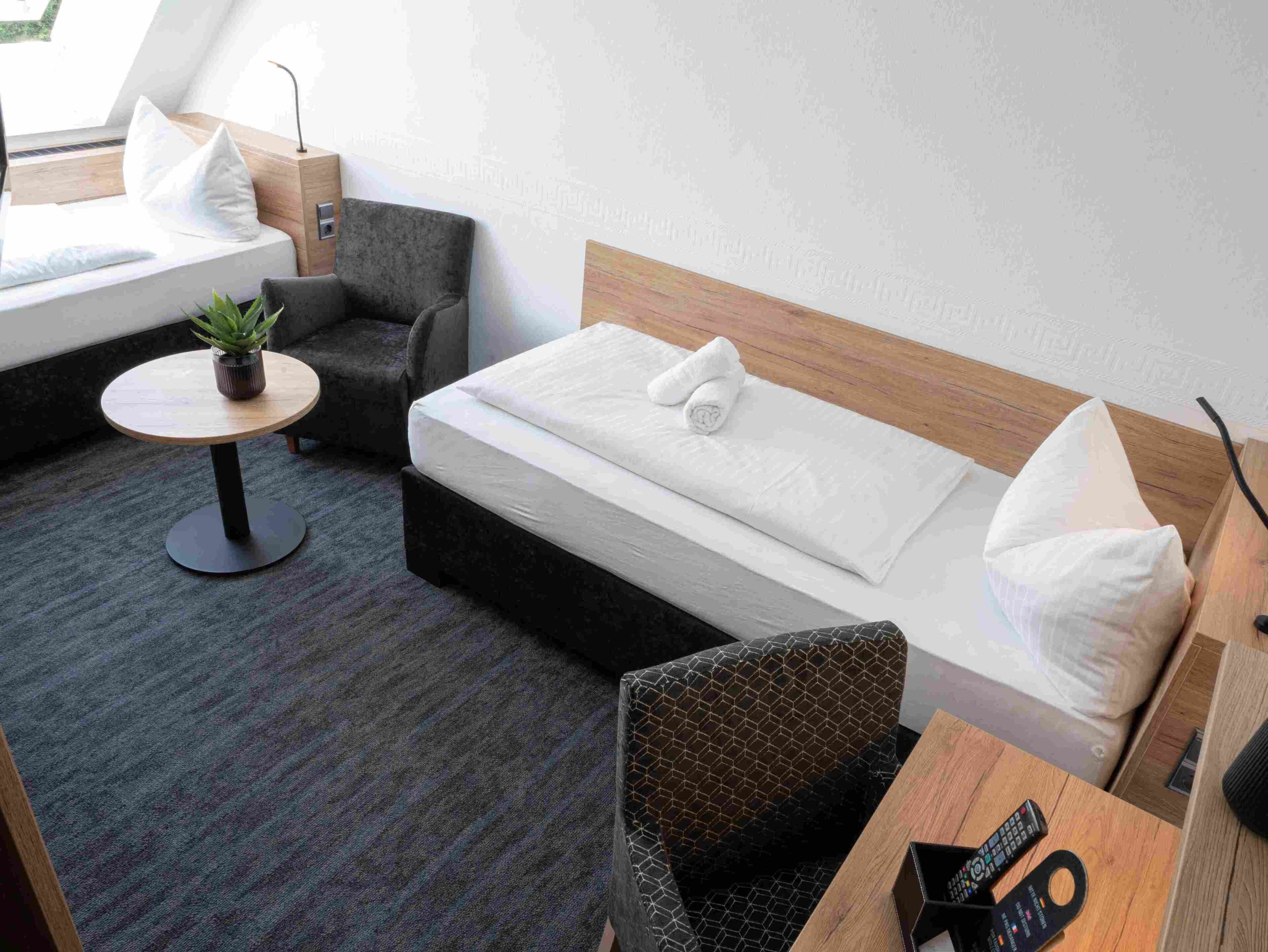 Una camera d'albergo con un letto, un divano, un tavolino con una pianta, una sedia e un mobile TV.