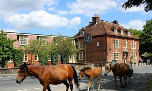 A brick building with a sign reading "The Bell Inn."