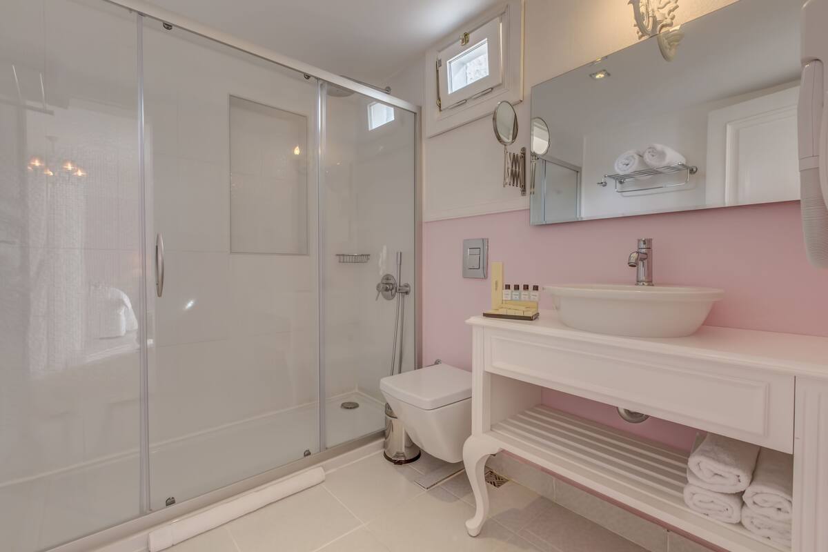 deluxe double room | bathroom | shower, free toiletries, hair dryer, bathrobes