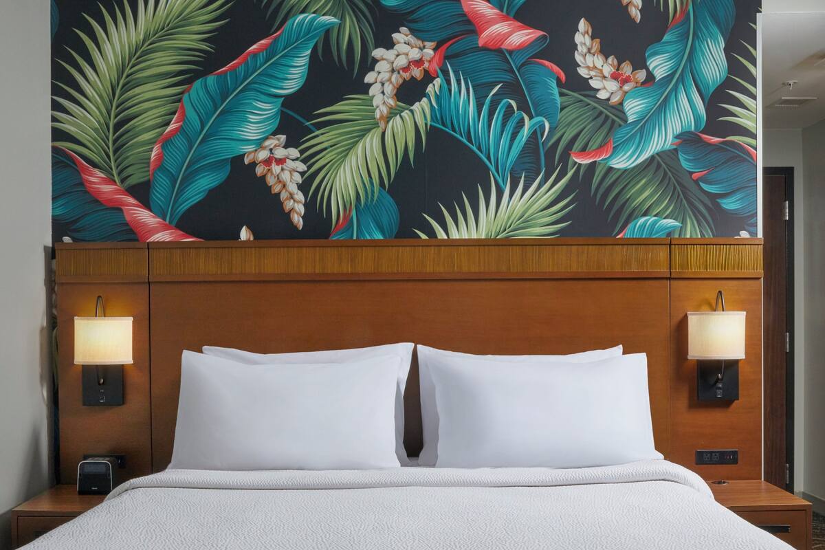 desk, laptop workspace, blackout curtains, iron/ironing board