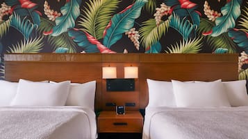 Desk, laptop workspace, blackout drapes, iron/ironing board