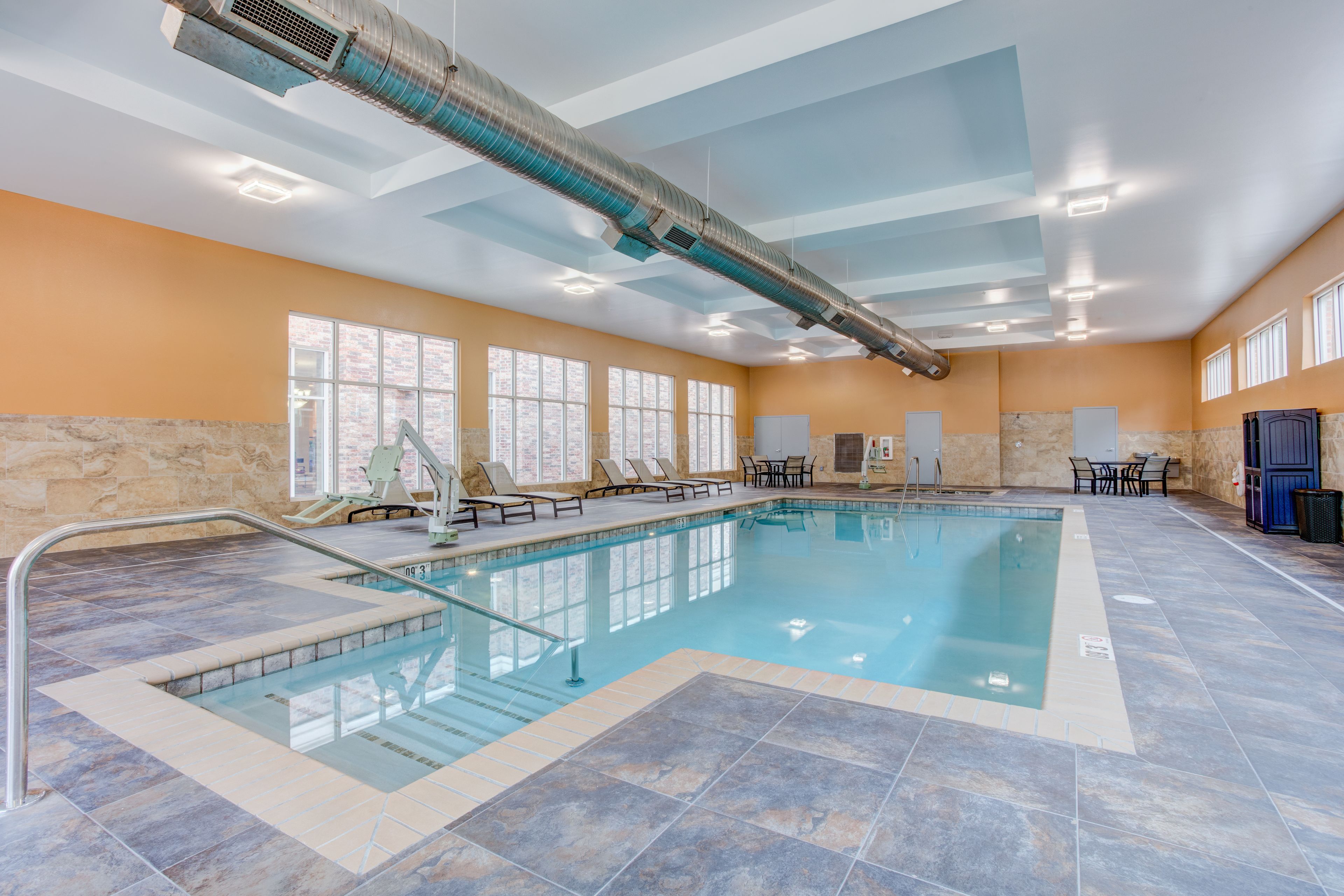 Indoor pool, open 9:00 AM to 9:00 PM, sun loungers