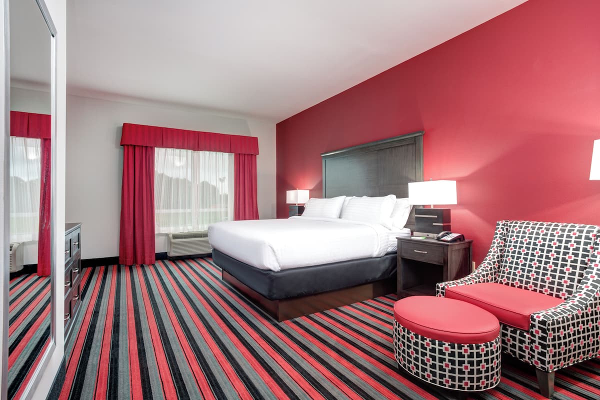 Une chambre d’hôtel avec un lit, une table de chevet, une chaise et un tapis à rayures rouges.