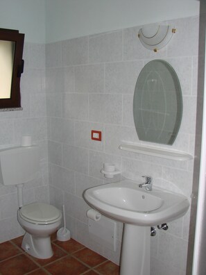 A bathroom with a toilet, sink, and mirror.