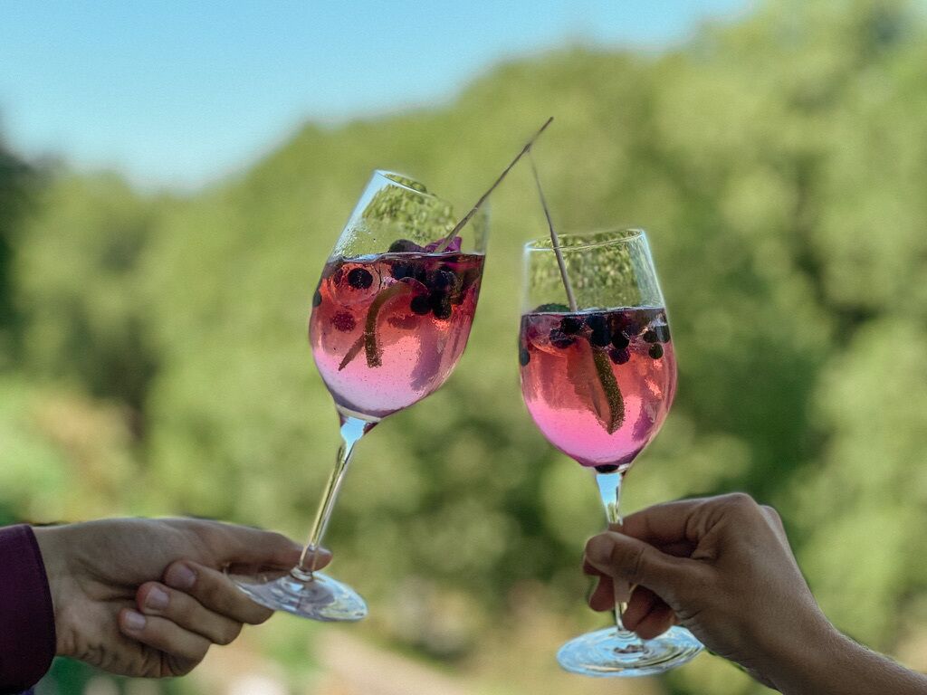 Two people holding wine glasses with a blurred green background.