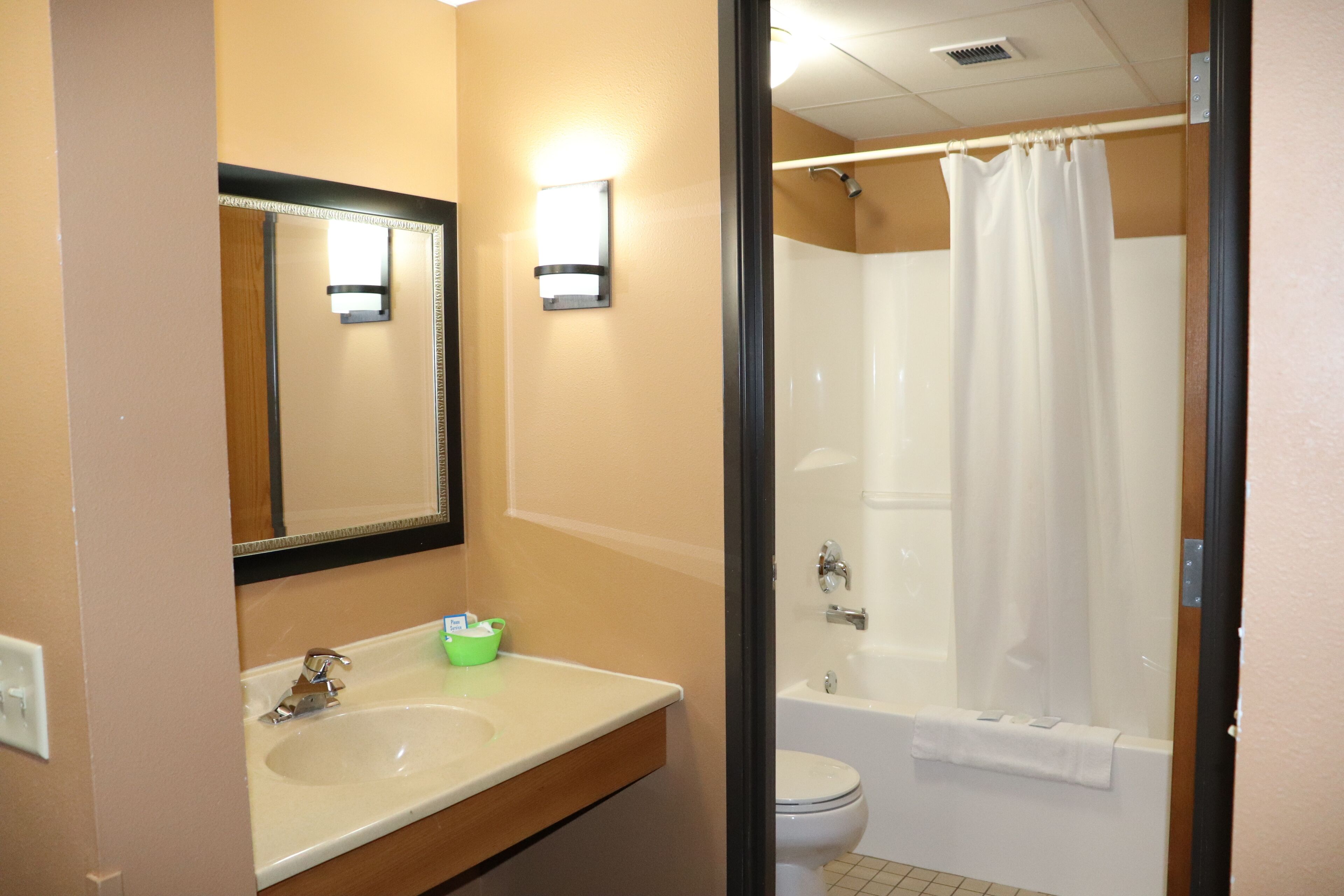 combined shower/bathtub, free toiletries, hair dryer